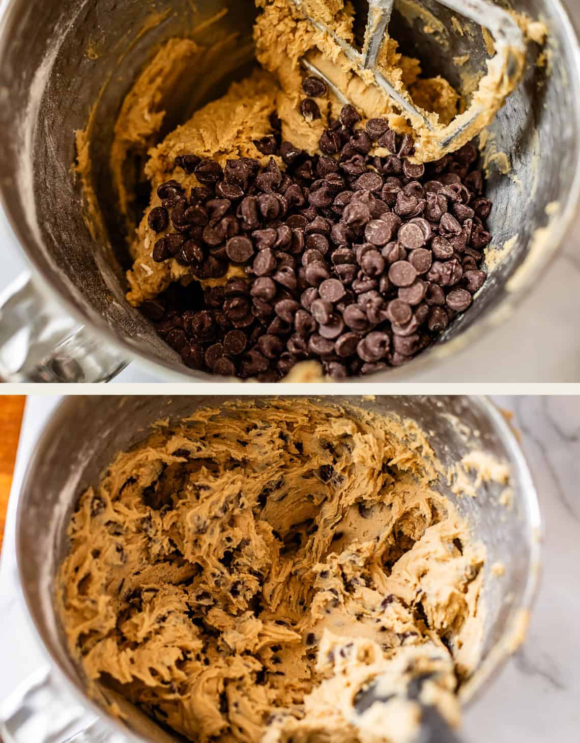 Two images show a metal mixing bowl with cookie dough. The top image features chocolate chips added to the dough, while the bottom image shows the dough fully mixed with the chocolate chips evenly incorporated.