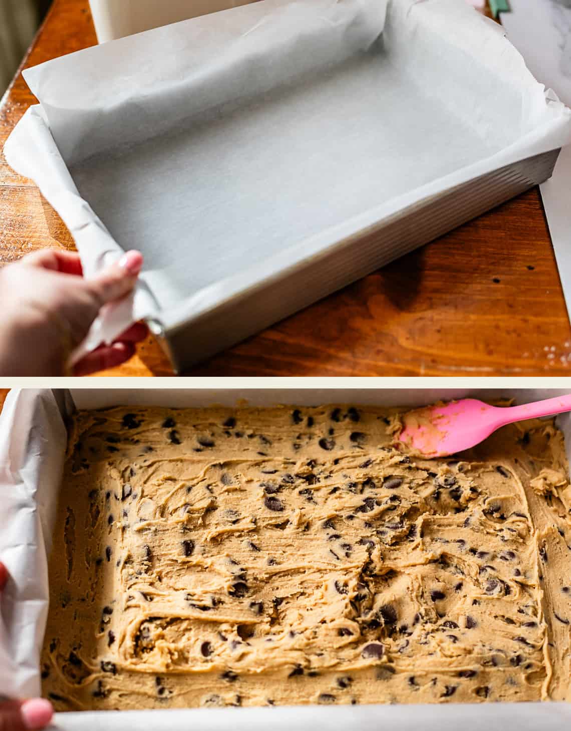 Two images: The top shows a hand lining a rectangular baking pan with parchment paper. The bottom shows cookie dough with chocolate chips spread evenly in the lined pan with a pink spatula.