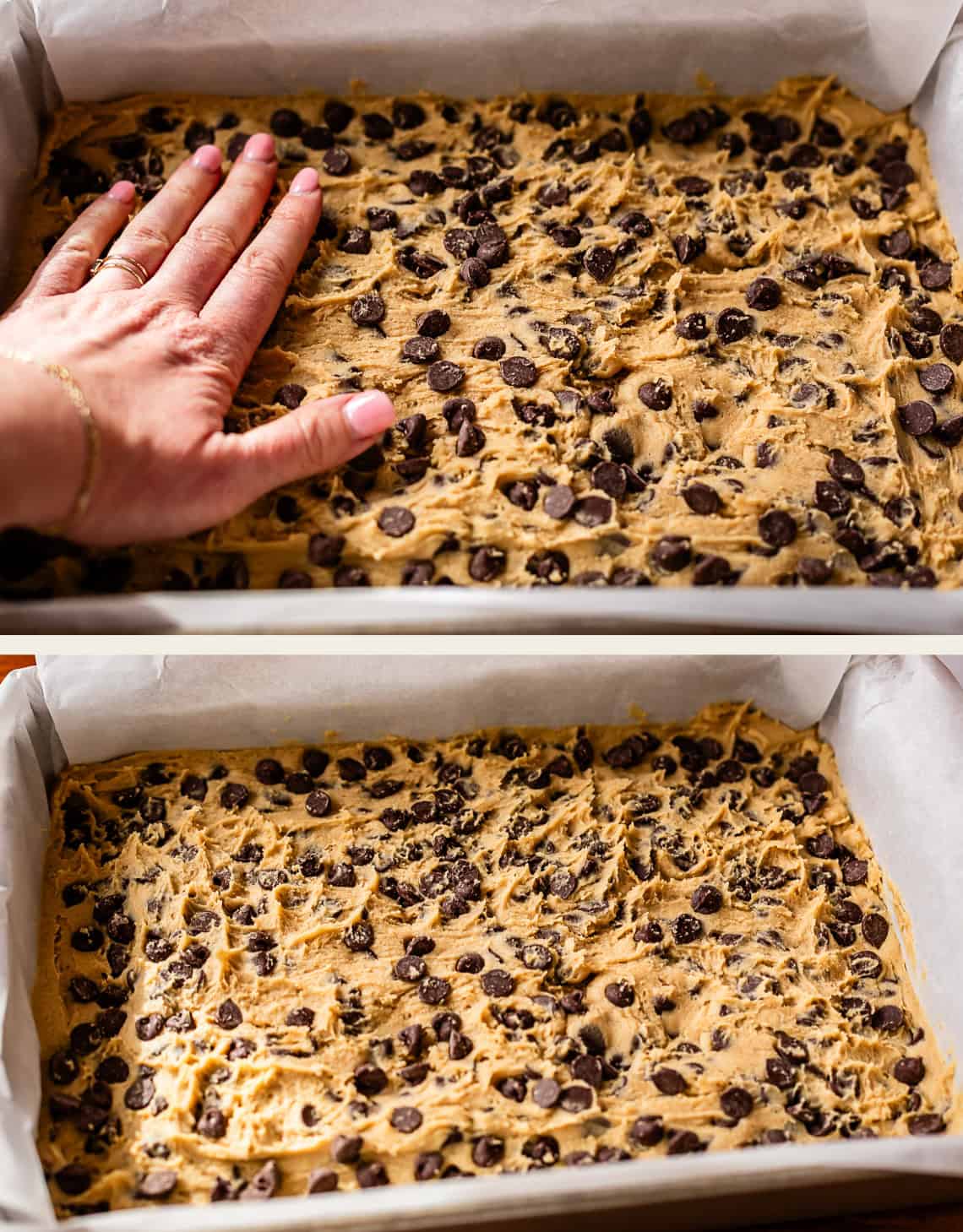 Two images: The top shows a hand pressing chocolate chip cookie dough into a parchment-lined baking pan. The bottom shows the dough evenly spread and ready for baking, with chocolate chips visible on top.