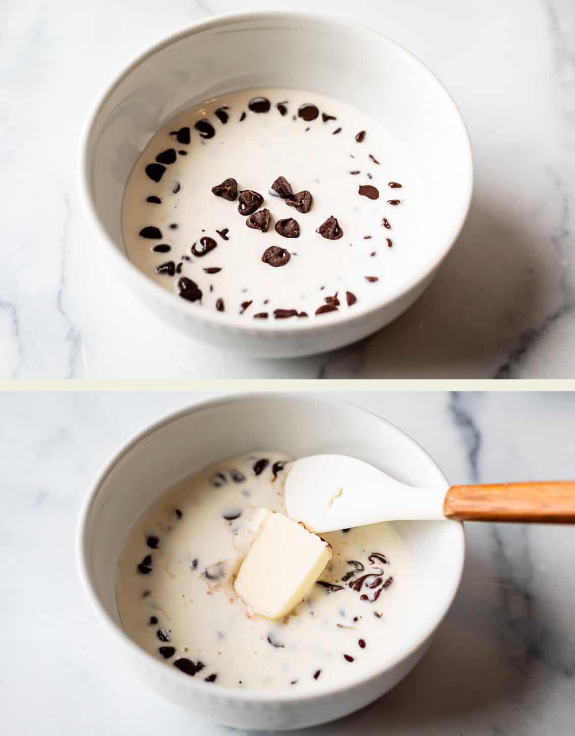 Two images: The top shows a white bowl with chocolate chips in cream. The bottom shows the same bowl with a spatula and a pat of butter on top of the melted chocolate and cream mixture.