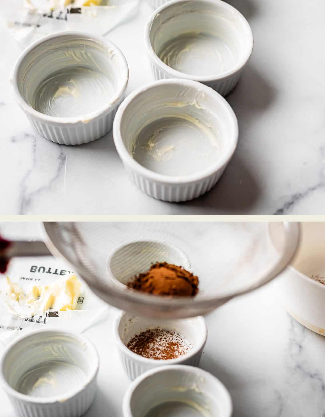 Three small white ramekins greased with butter on a marble surface; in the second image, spices are being sifted into one ramekin while the others remain empty nearby.