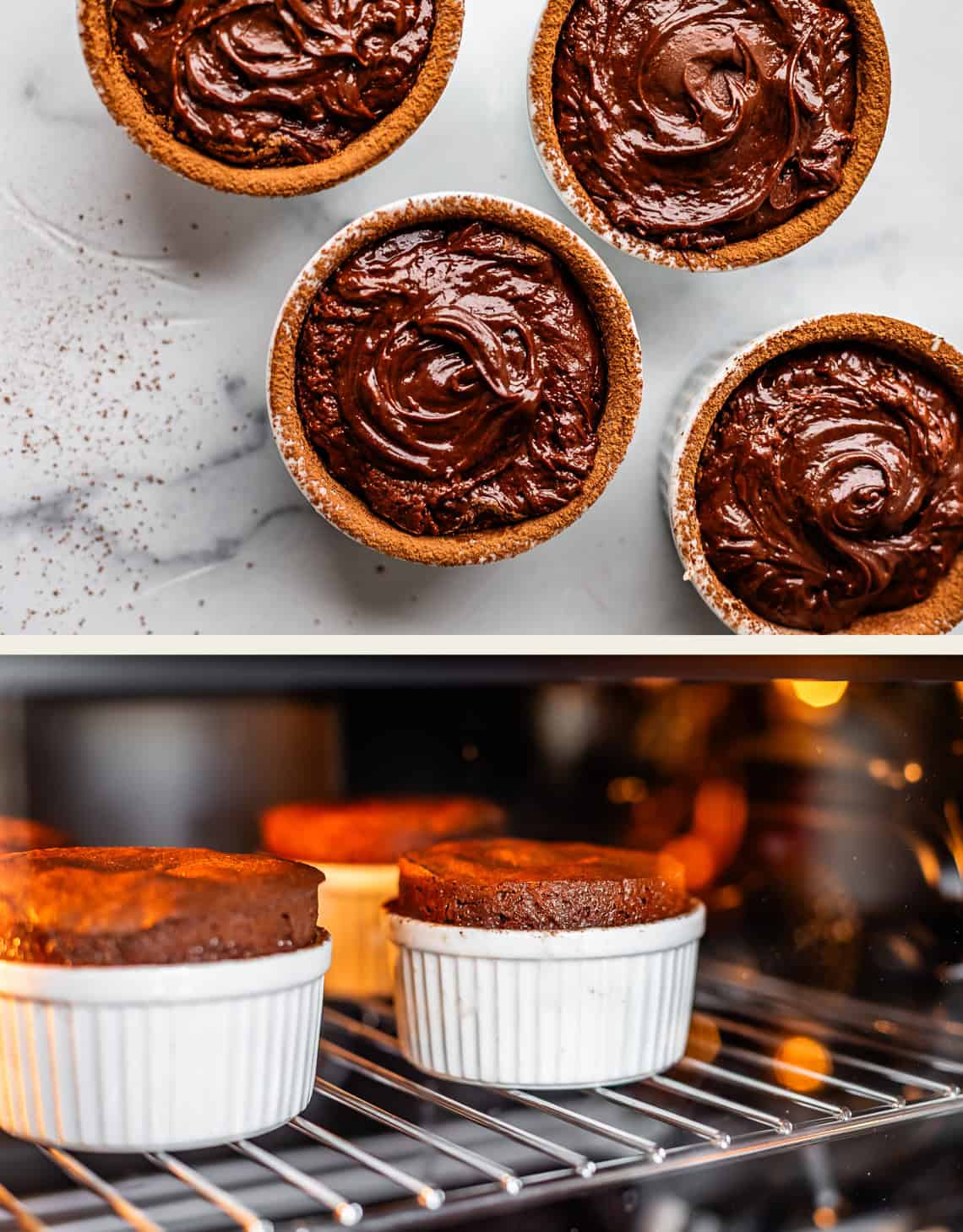 Top: Four ramekins filled with chocolate souffl&eacute; batter on a white surface. Bottom: The souffl&eacute;s baking in white ramekins in an oven, rising and forming a fluffy, golden-brown top.