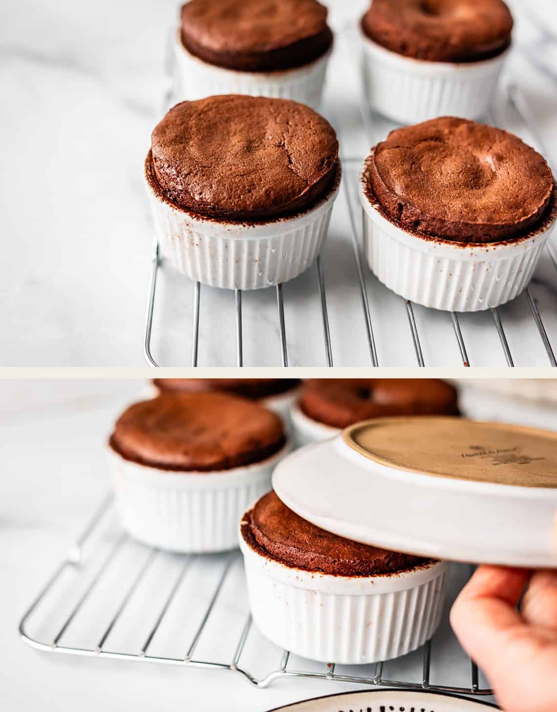 Chocolate souffl&eacute;s in white ramekins are cooling on a wire rack. In the second image, a hand is placing a plate over a ramekin to invert the souffl&eacute;.