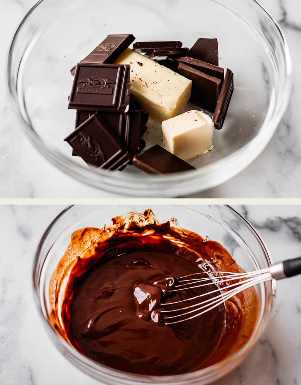 Two photos: The top shows chunks of dark chocolate and butter in a glass bowl. The bottom shows the mixture melted and smooth, being whisked with a metal whisk. Both bowls are on a marble countertop.