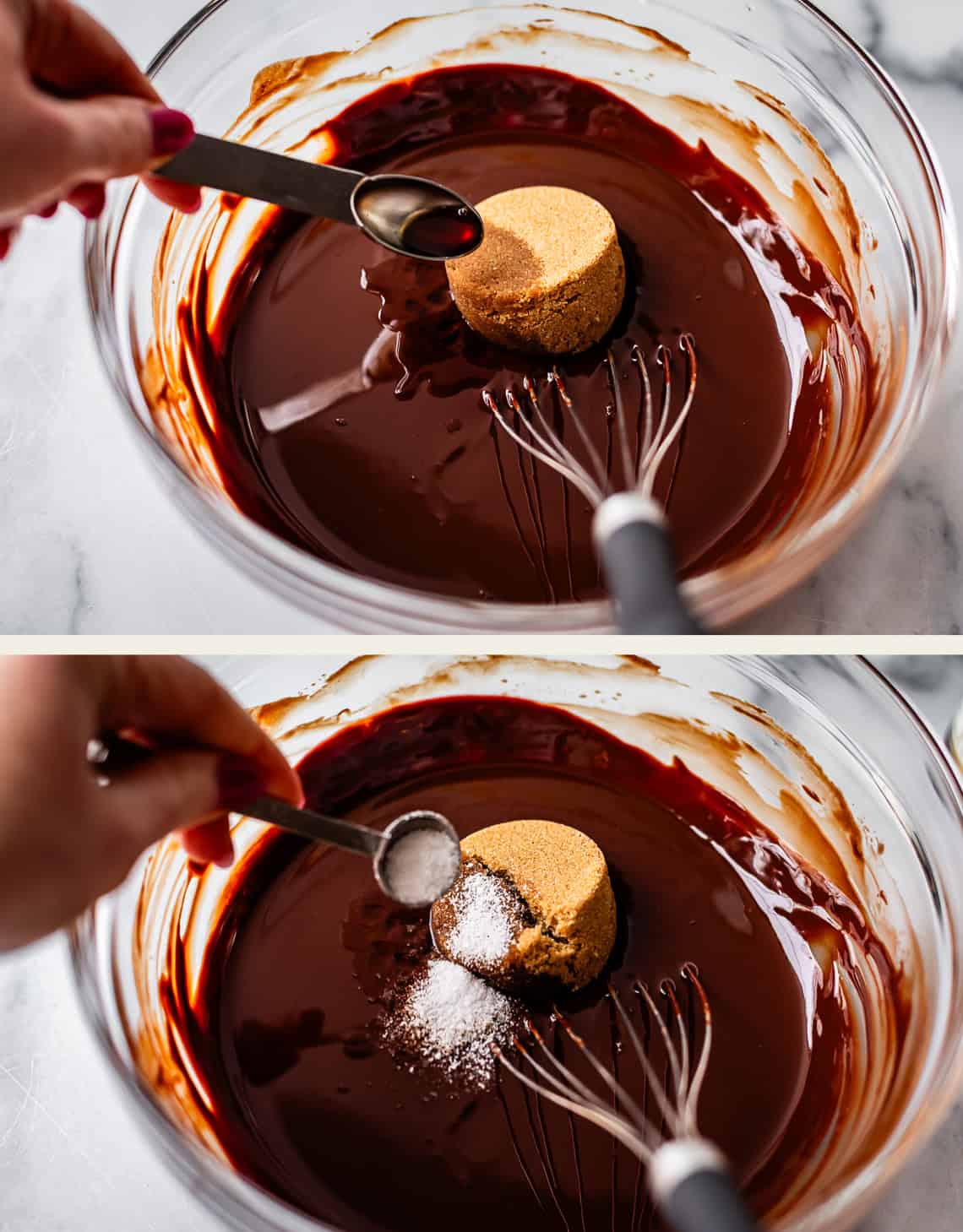 Two images show a hand adding ingredients to a bowl of melted chocolate with a whisk. The top image shows vanilla extract being added; the bottom image shows salt being sprinkled onto the mixture with brown sugar.