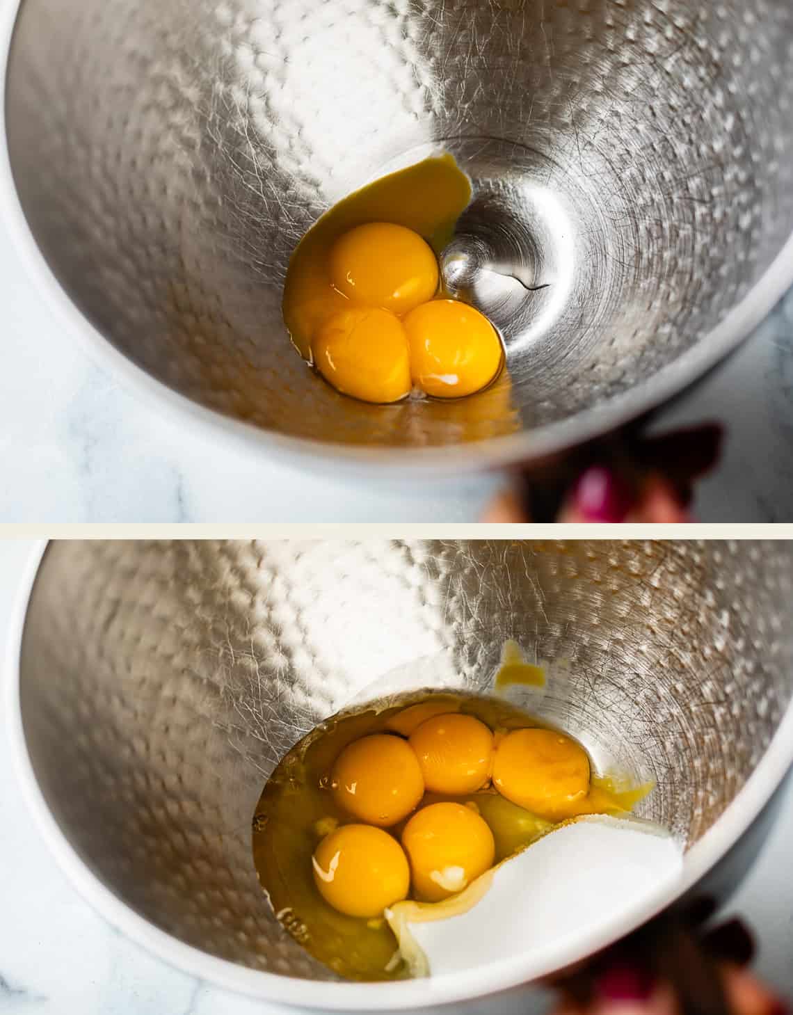 Two images show a metal mixing bowl. The top image has four cracked eggs inside; the bottom image shows the same eggs with added sugar being poured in.