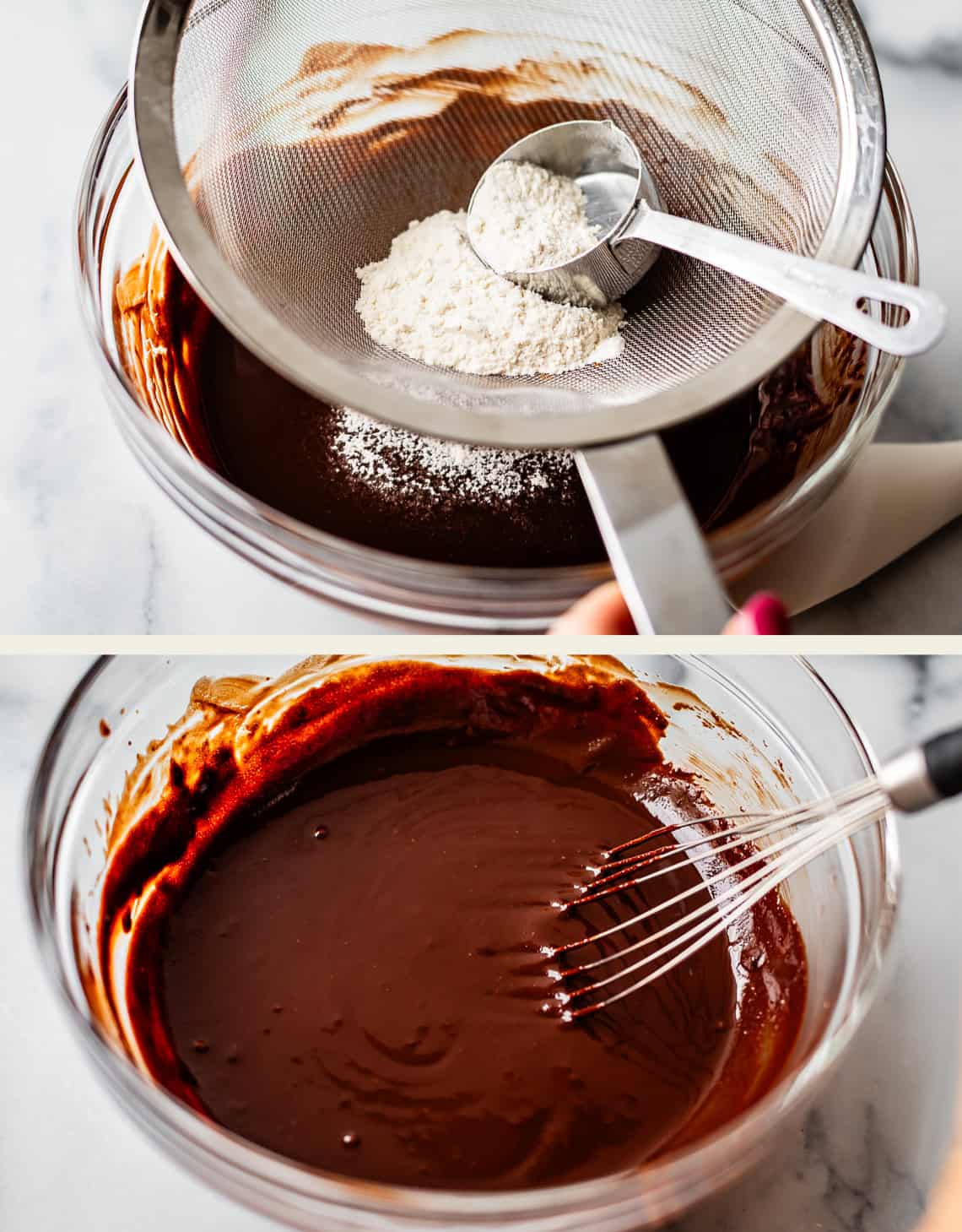 Two images: The top shows flour being sifted into a bowl of chocolate mixture; the bottom shows the mixture whisked into a smooth chocolate batter in a glass bowl.