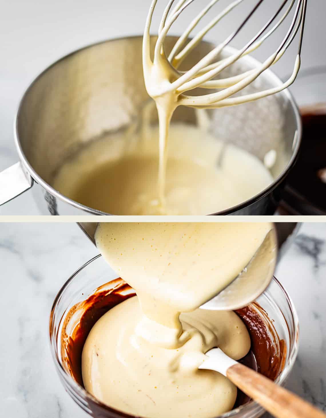 A whisk lifts thick, pale batter from a metal bowl, and in the next image, the batter is being poured from the bowl into a glass bowl of chocolate mixture with a spatula on a marble surface.