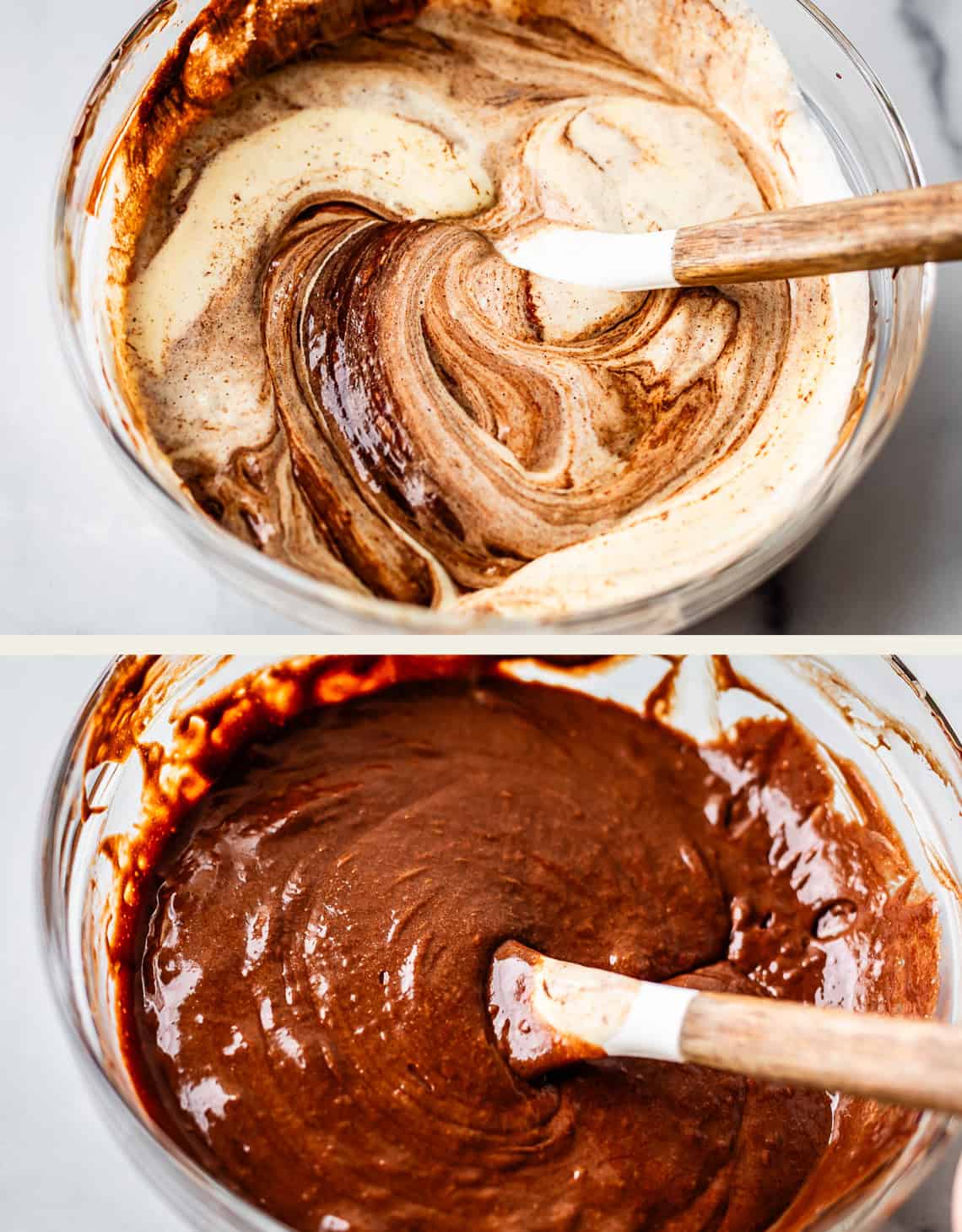 Top image: A bowl of light and dark batters being swirled together with a spatula. Bottom image: The two batters fully mixed into a smooth chocolate mixture with a spatula resting inside the bowl.
