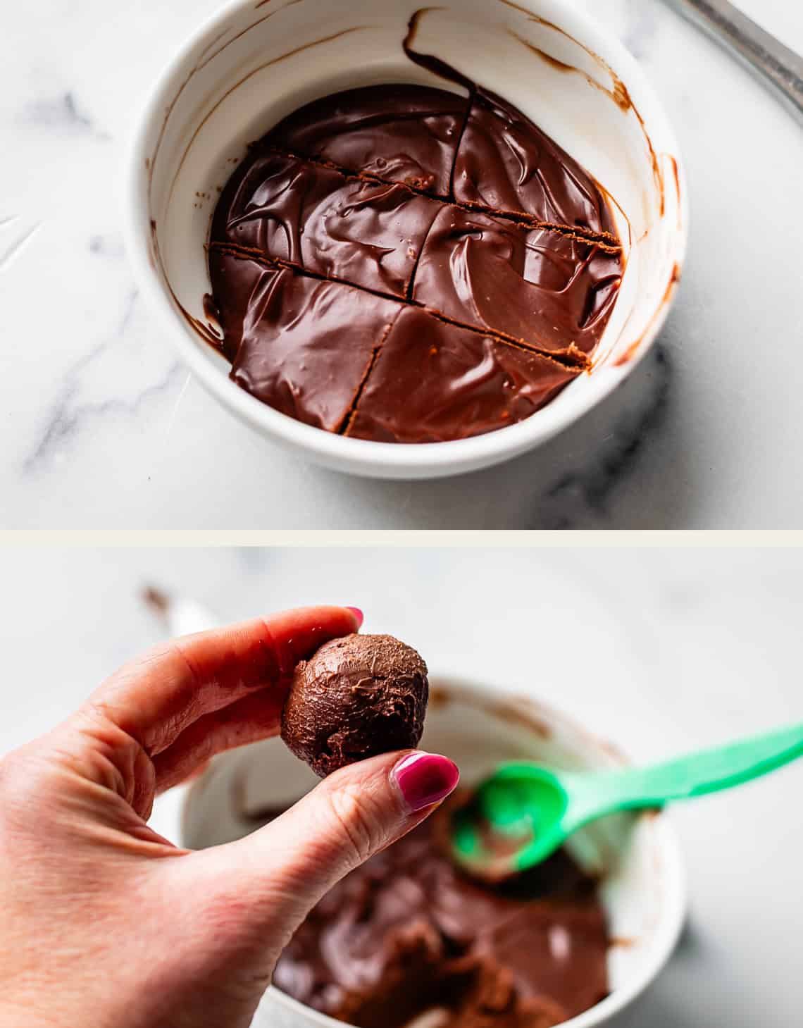 Top: A white bowl filled with sliced, smooth chocolate ganache. Bottom: A hand holding a rolled chocolate truffle ball, with a green spoon and remaining chocolate mixture in the background.