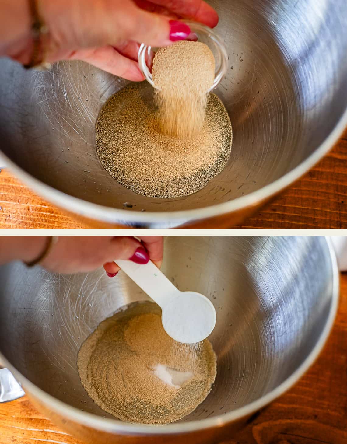 Two photos: Top&mdash;A hand pours dry yeast from a small bowl into a large metal mixing bowl. Bottom&mdash;The hand adds a tablespoon of sugar to the yeast in the same bowl. Both are set on a wooden surface.