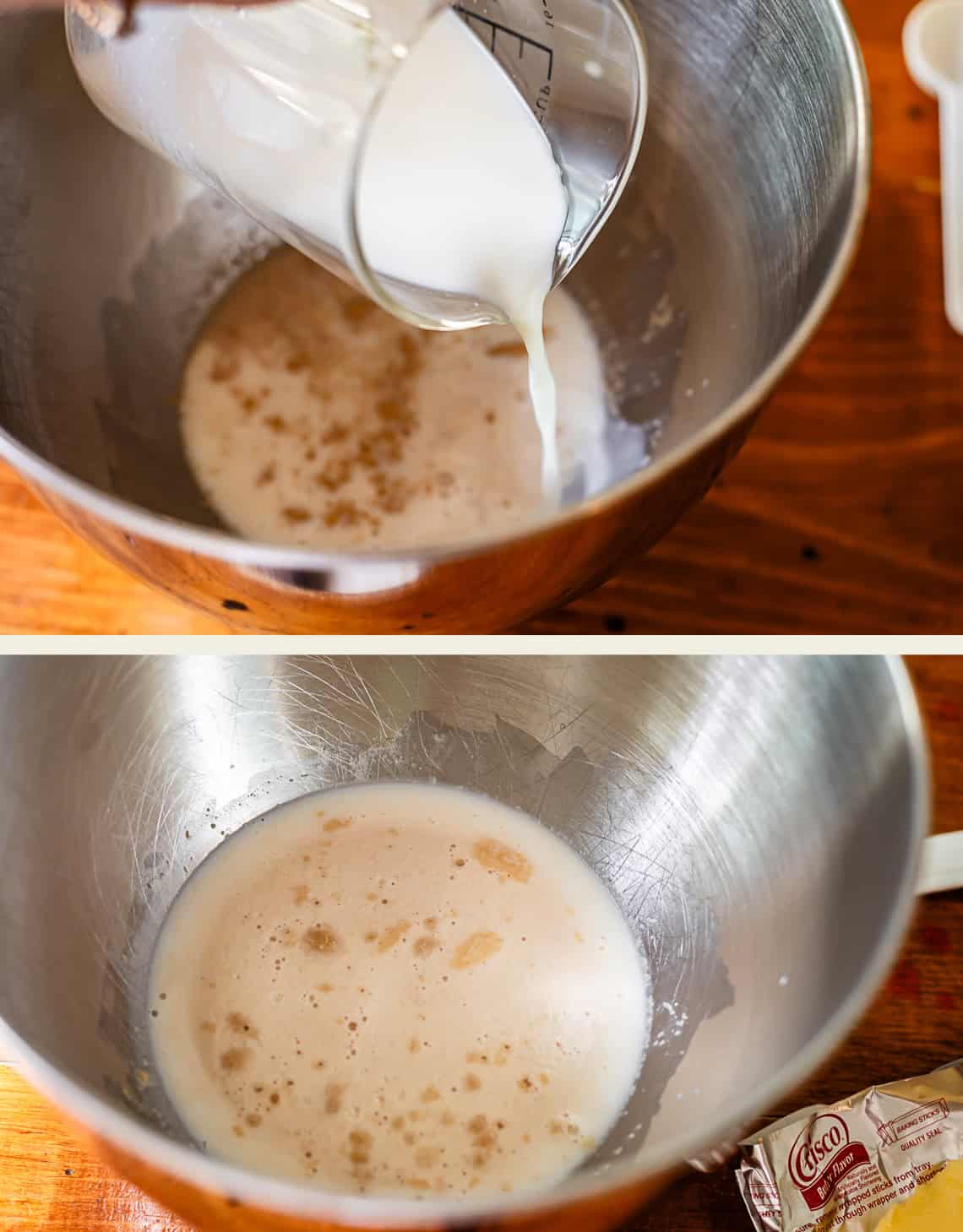 Two images: The top shows milk being poured from a measuring cup into a metal mixing bowl with yeast; the bottom shows the bowl with the milk and yeast mixture starting to bubble, with a stick of shortening nearby.
