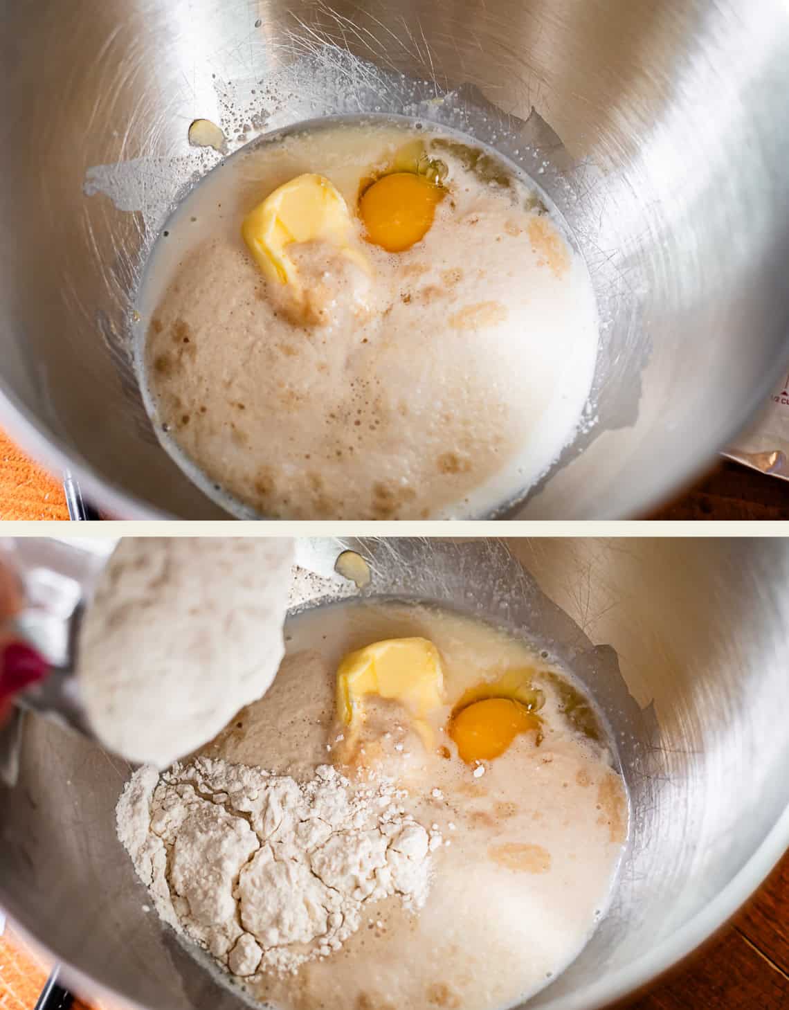 Two images show a mixing bowl with ingredients: milk, melted butter, eggs, and yeast mixture in the first image; flour being added to the same bowl with the other ingredients in the second image.