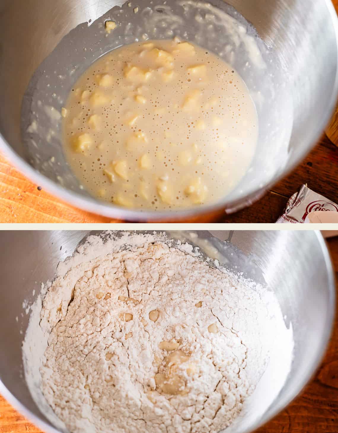 Split image: the top half shows a metal mixing bowl with a wet mixture containing chunks, possibly banana and batter; the bottom half shows the same bowl with flour added on top, ready to be mixed.