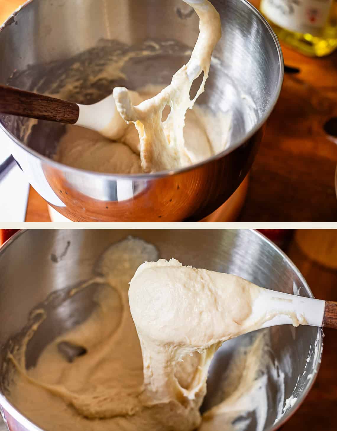 Two images show a sticky dough being mixed in a metal bowl with a white spatula; the dough appears elastic and soft, and the bowl is placed on a wooden surface.