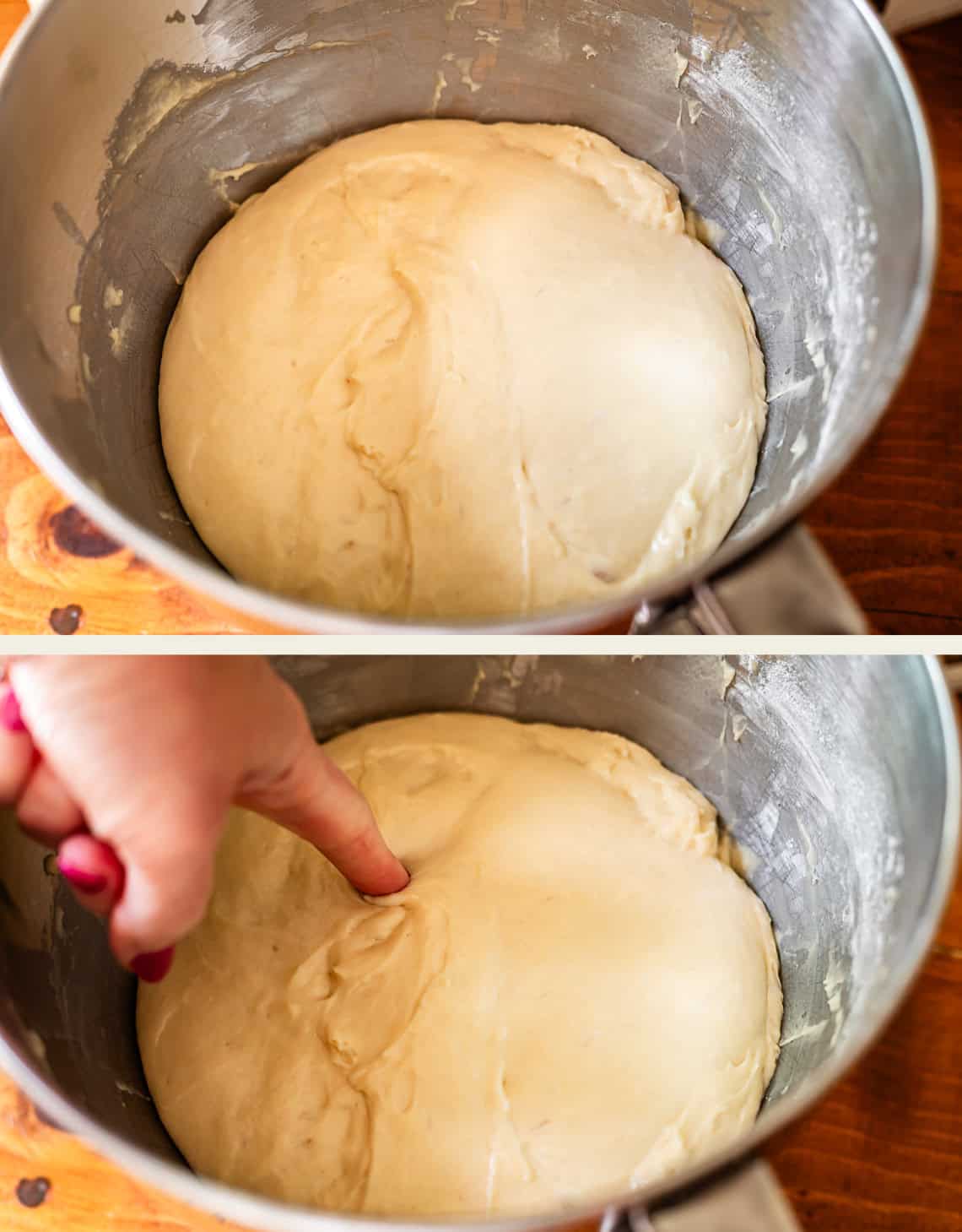 Two images: the top shows risen dough in a metal mixing bowl; the bottom shows a hand pressing a finger into the soft dough to test if it&rsquo;s ready.