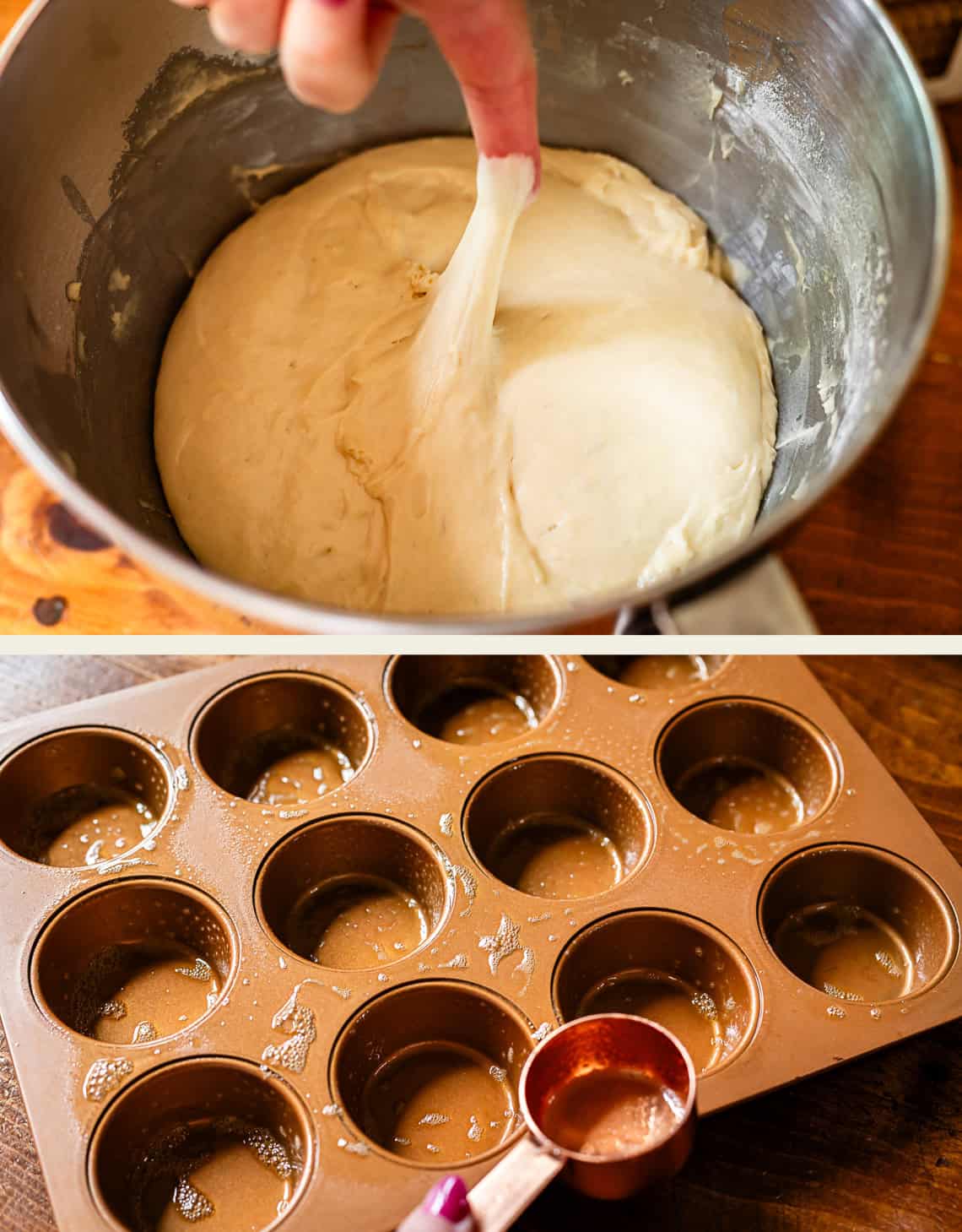 A finger stretches dough in a metal bowl above a wooden surface; below, a greased muffin tin and a measuring cup sit ready for baking.