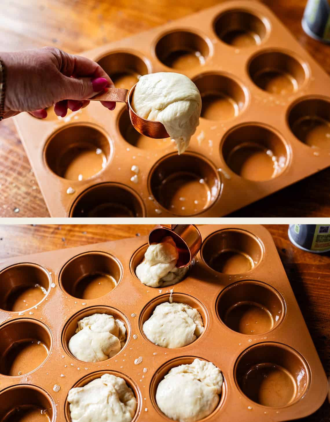 Two images show a hand spooning thick batter from a copper measuring cup into a greased muffin tin on a wooden surface. Some cups are already filled with batter, while others remain empty.