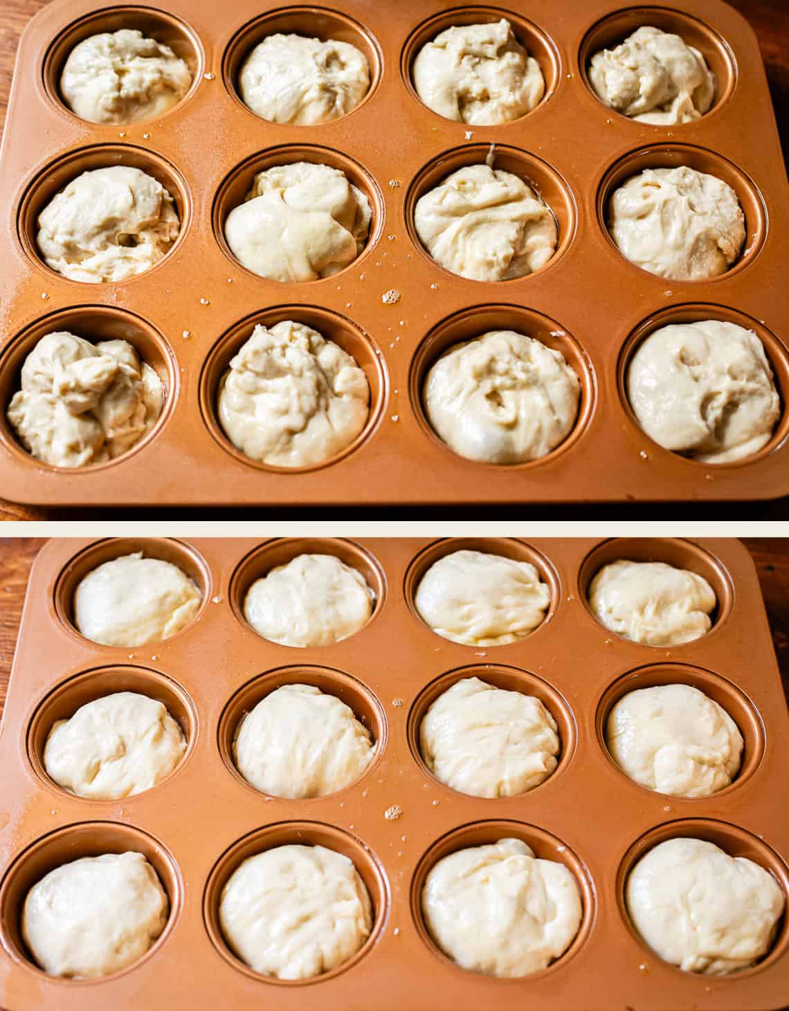 Two images of a muffin tin filled with dough. The top image shows raw, uneven dough in each cup; the bottom image shows the dough risen, filling each cup smoothly and evenly.
