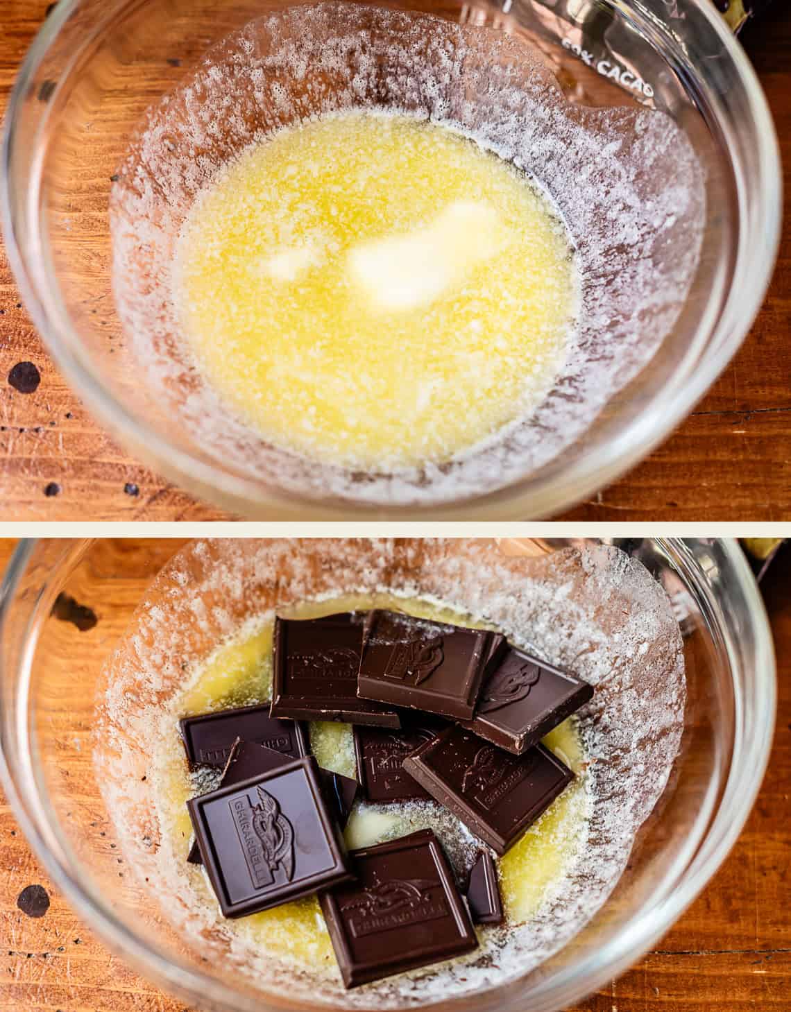 Two images: Top shows a glass bowl with melted butter, bottom shows the same bowl with pieces of dark chocolate added to the melted butter, both on a wooden surface.