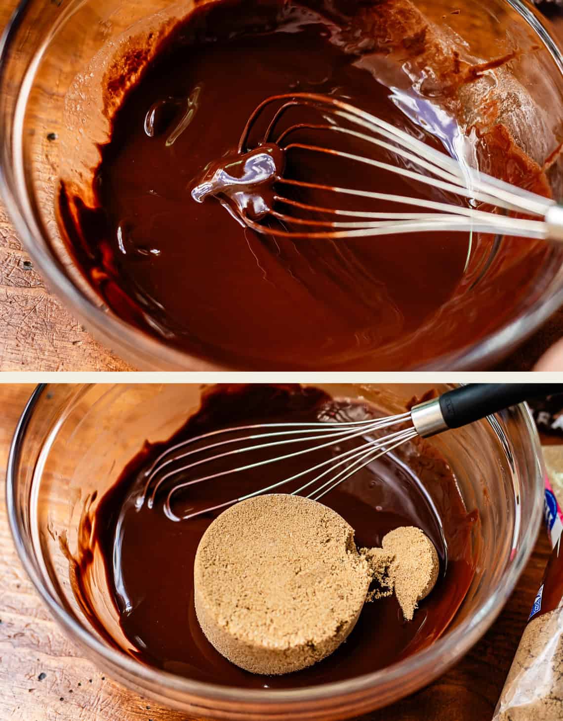 Top: A metal whisk in a bowl of melted chocolate. Bottom: The same bowl with the whisk and a mound of brown sugar added to the chocolate mixture.