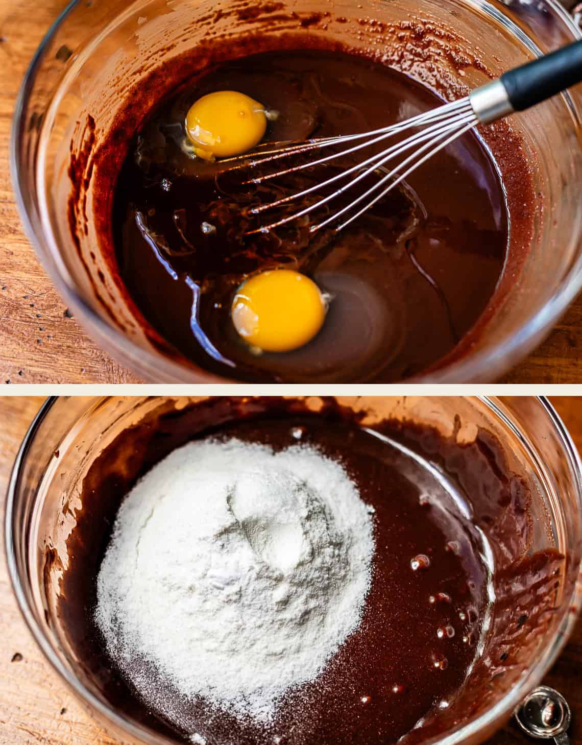 Two images: The top shows two eggs in a bowl of chocolate batter with a whisk. The bottom shows a mound of flour and dry ingredients added to the chocolate batter in the same bowl.