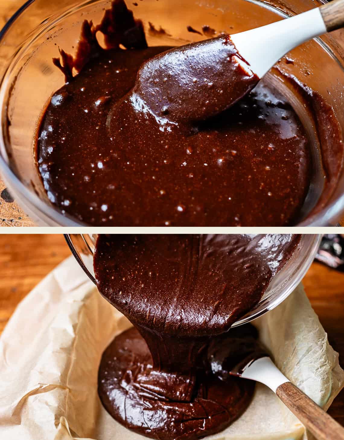 Two images: The first shows a glass bowl of thick chocolate batter being stirred with a white spatula. The second shows the batter being poured from the bowl into a parchment-lined baking pan.