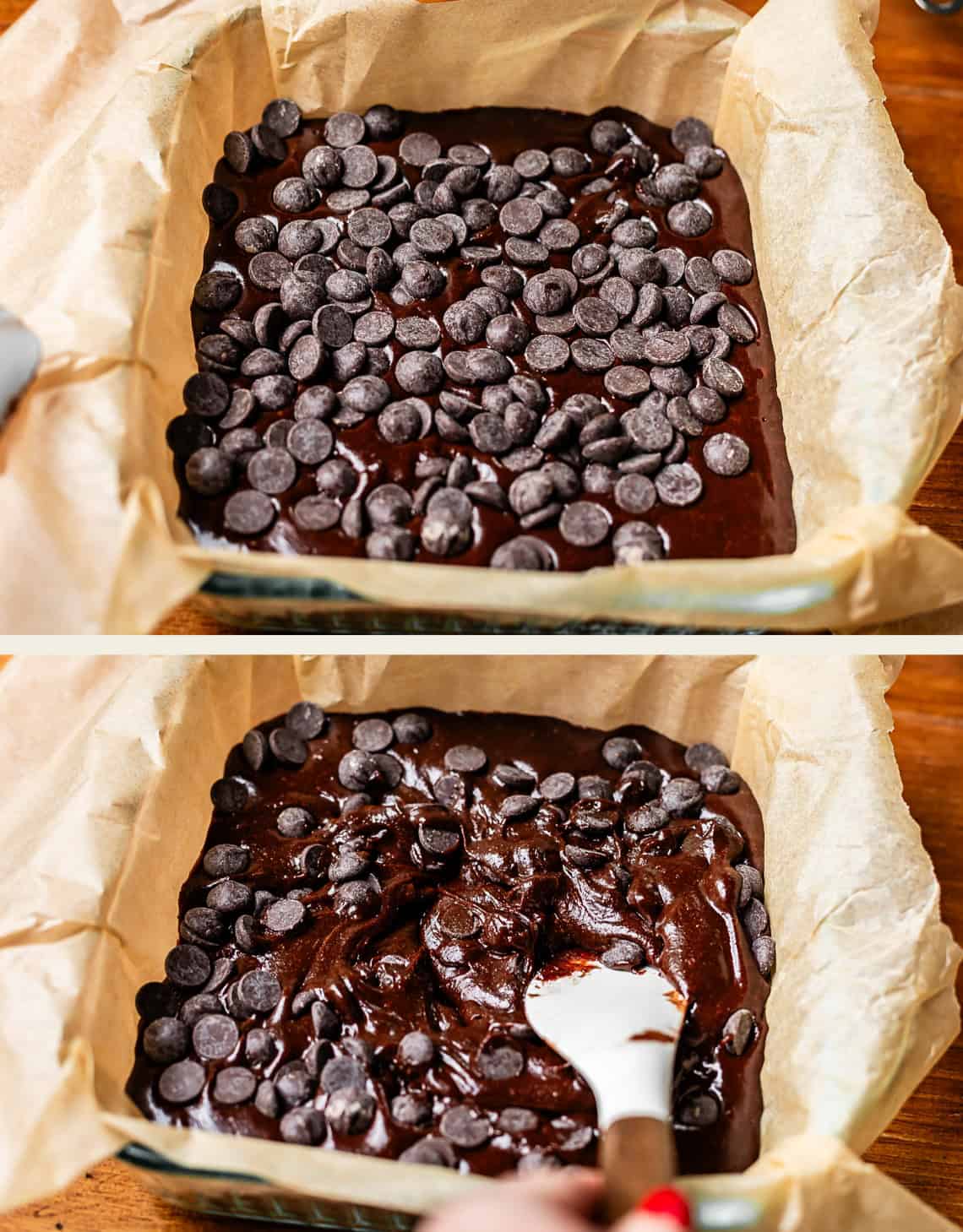 Two images: The top shows a baking pan lined with parchment paper filled with chocolate batter topped with chocolate chips. The bottom shows a spatula stirring the chips into the batter in the same pan.