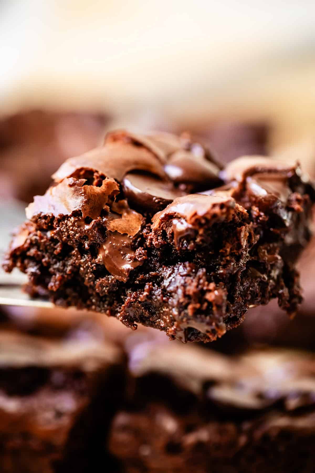 A close-up of a rich, fudgy chocolate brownie with melted chocolate chips on top, held up to show its moist and gooey texture, with more brownies blurred in the background.