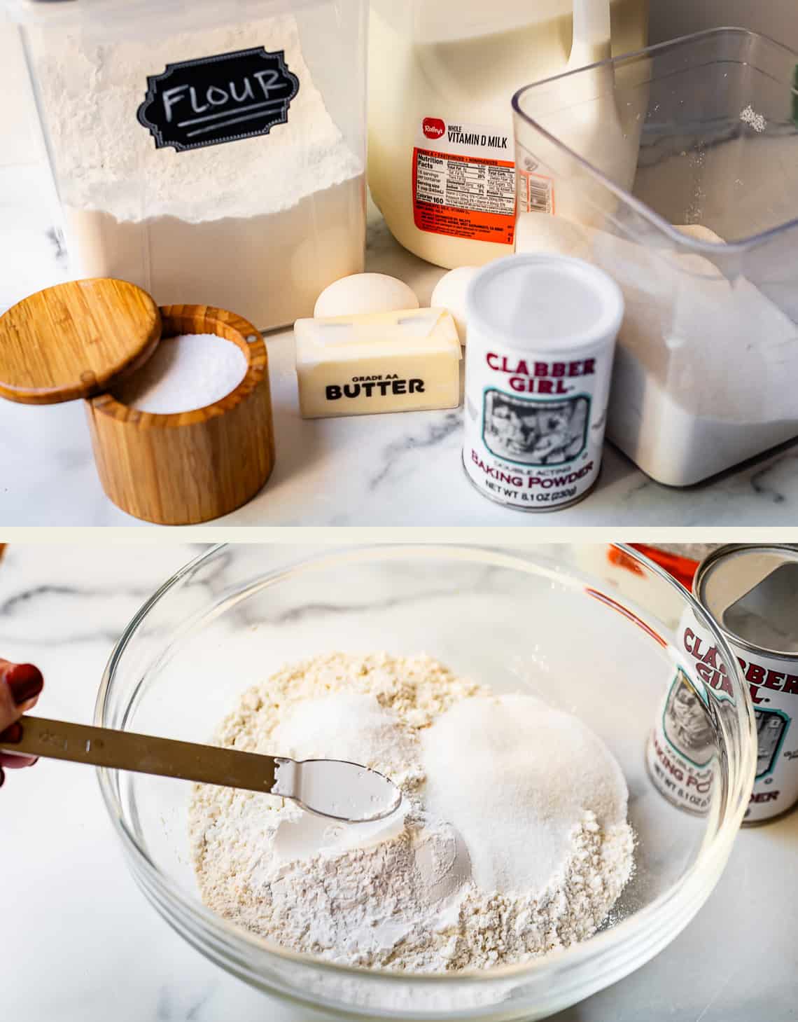 Top image: Baking ingredients including flour, milk, butter, salt, baking powder, and sugar on a counter. Bottom image: Measuring spoon over a glass bowl with flour, sugar, and baking powder being combined.