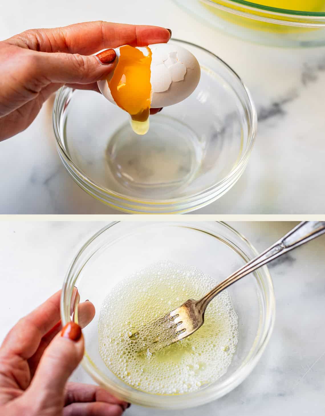 Two images: The top shows a hand cracking an egg into a glass bowl, separating the yolk from the white. The bottom shows a glass bowl with whisked egg whites and a fork resting inside.
