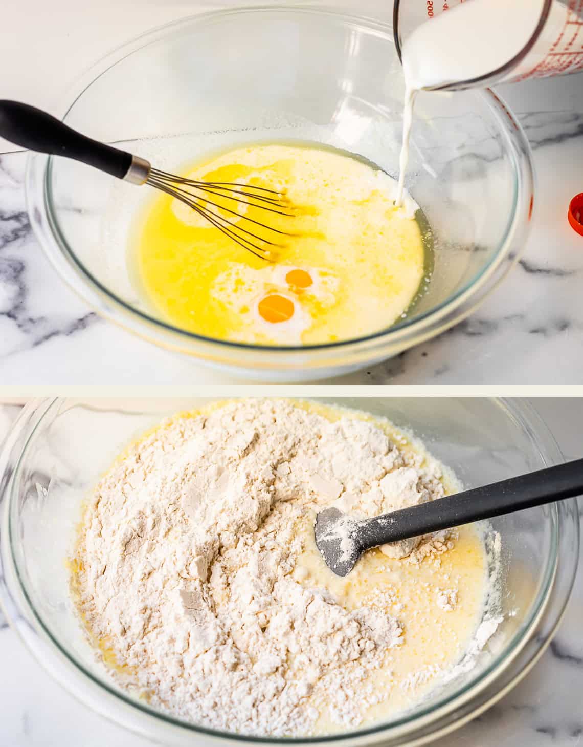 Two photos: Top&mdash;milk being poured into a glass bowl with eggs and melted butter, with a whisk inside; Bottom&mdash;a spatula mixing flour into the wet ingredients in the same bowl.