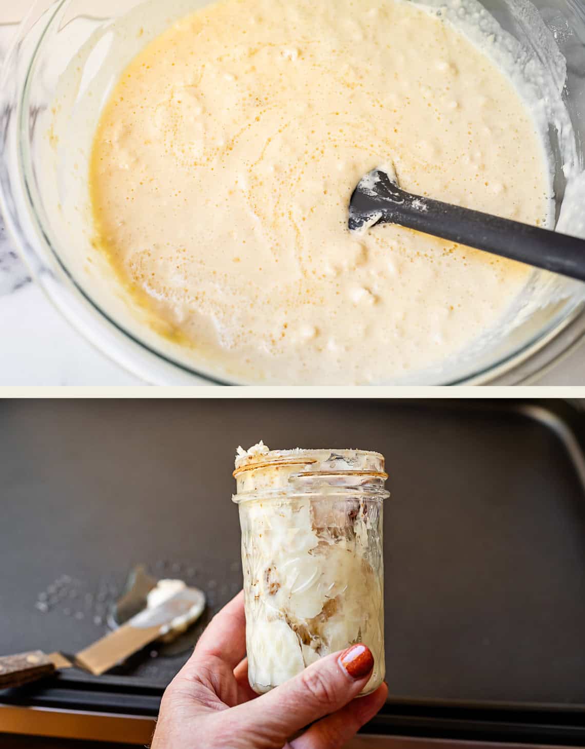 Top: A glass bowl filled with pancake batter and a black spatula. Bottom: A hand holding a jar of white, creamy bacon fat in front of a stovetop griddle.