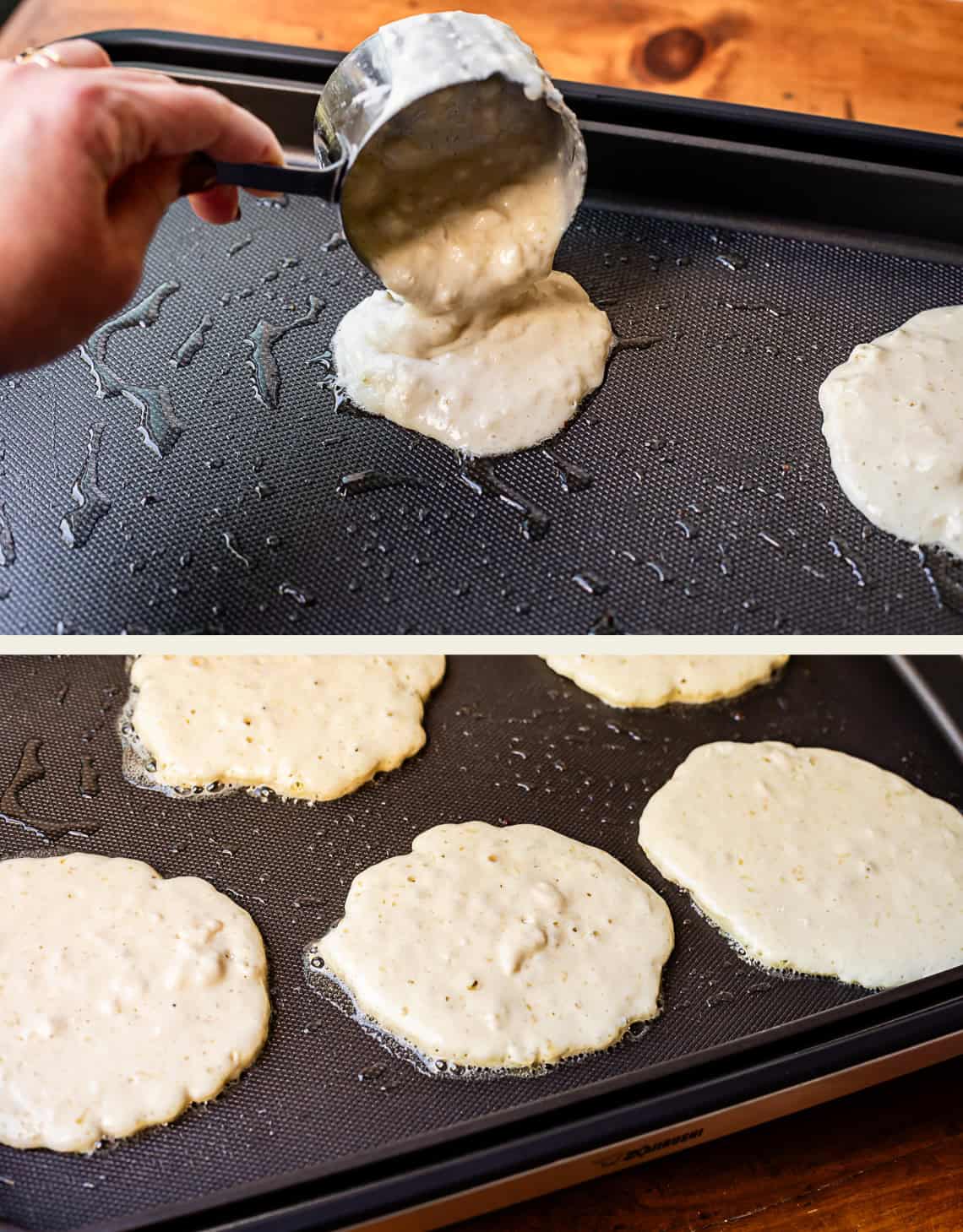 A hand pours pancake batter from a measuring cup onto a hot, greased griddle in the top image; the bottom image shows several pancakes cooking on the griddle, bubbling as they prepare to be flipped.