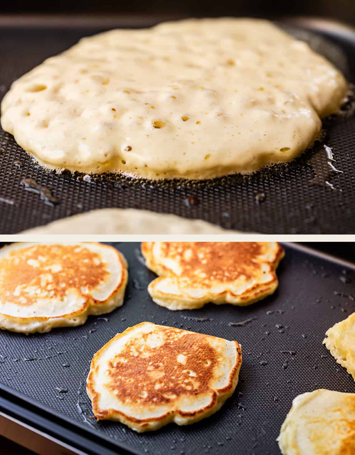 A close-up of pancake batter with bubbles cooking on a griddle, and below, several golden-brown pancakes finished and sizzling on the griddle.
