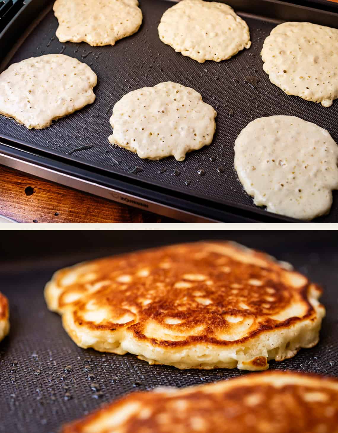 A griddle with several uncooked pancake batter circles on top, and a close-up of golden-brown, cooked pancakes on the griddle below.