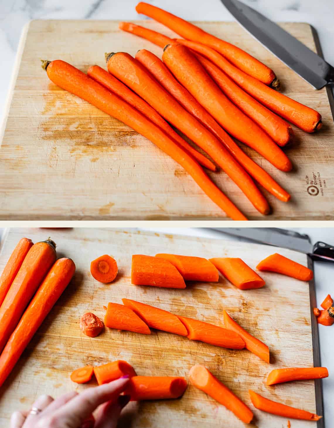 Two photos show several whole carrots on a wooden cutting board with a knife, and below, the carrots being cut into large pieces on the same board. A hand is holding a carrot piece in the lower image.
