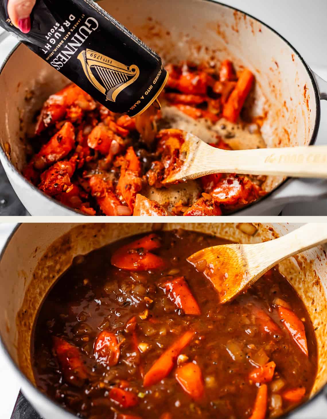 Two photos: The top shows a hand pouring Guinness beer into a pot of chopped tomatoes and carrots being stirred with a wooden spoon; the bottom shows the mixture simmering into a rich, dark stew.