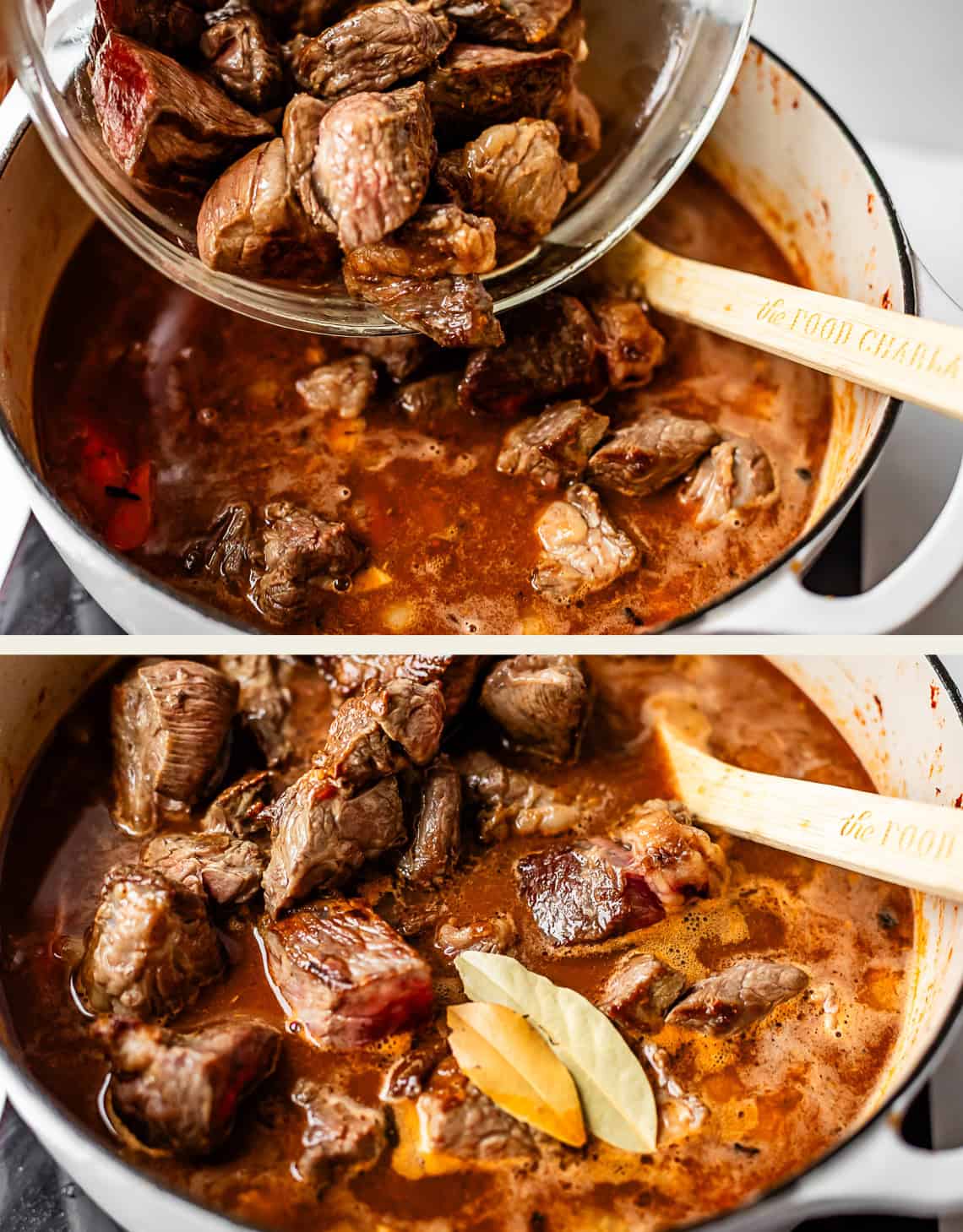 Top: Cooked beef chunks are being poured from a bowl into a pot of stew with a wooden spoon. Bottom: Beef stews in a rich broth with two bay leaves floating on top, wooden spoon in the pot.