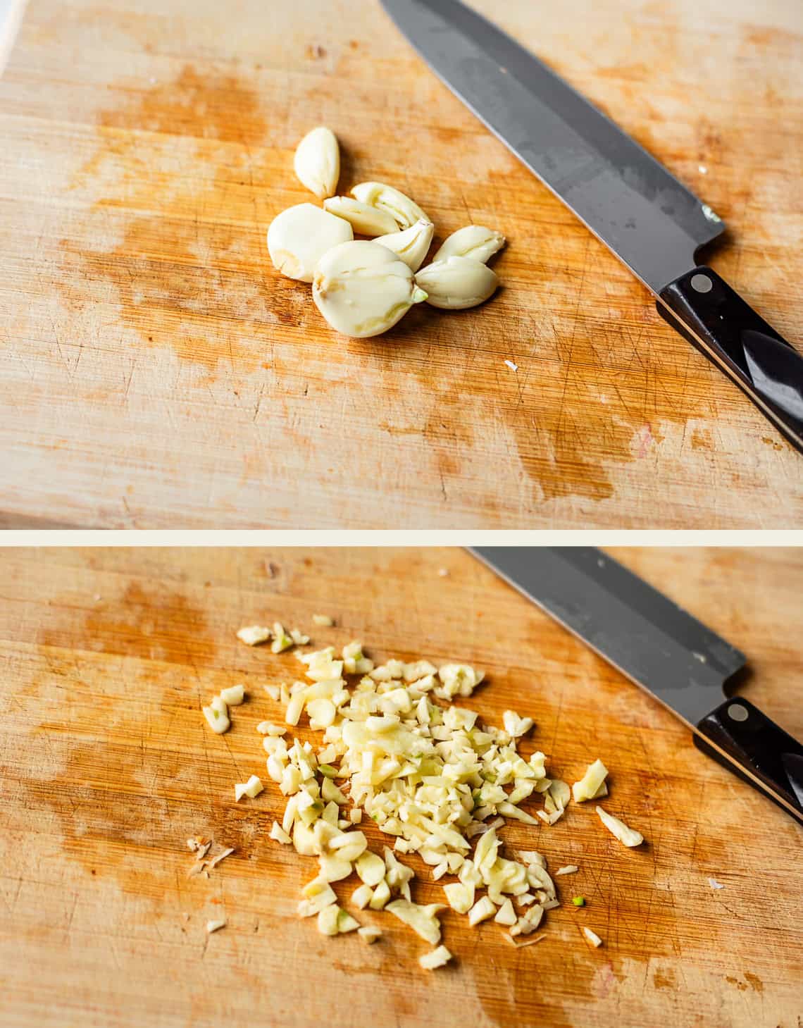Two photos show a black knife on a wooden cutting board: the top image has several peeled garlic cloves, and the bottom image shows the same garlic chopped into small pieces.