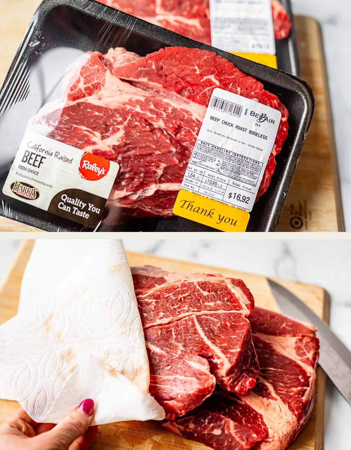 Two images: Top shows packaged beef chuck roast with a price label. Bottom shows a hand using a paper towel to pat dry the unwrapped beef on a cutting board.