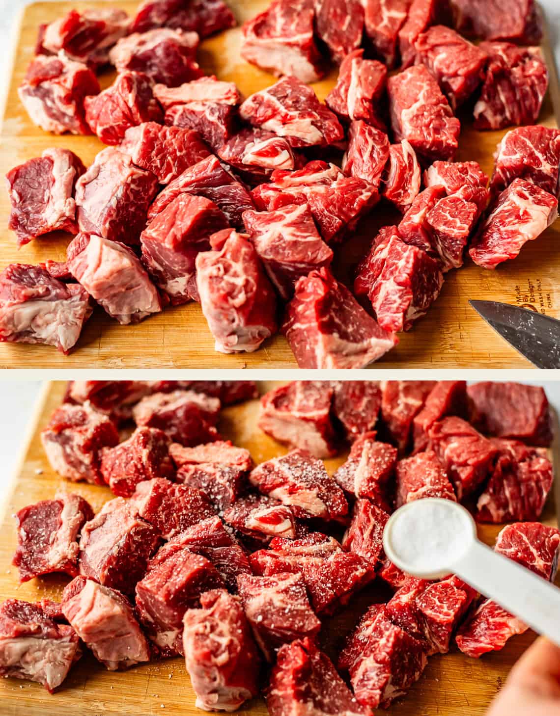 Two images: The top shows raw beef chunks on a wooden cutting board. The bottom shows the same beef pieces being sprinkled with salt from a white measuring spoon. A knife is partially visible next to the board.