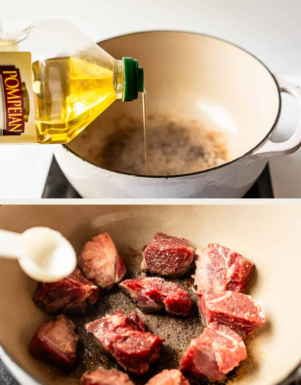 Two images: The top shows olive oil being poured into a large white pot on a stove. The bottom shows pieces of raw beef being browned in the same pot, with a spoon visible on the left.