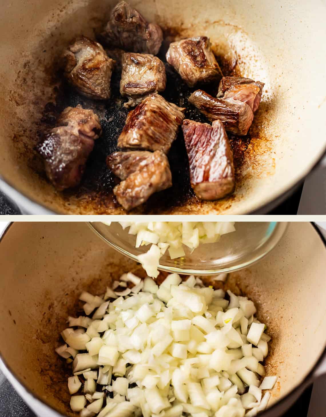 Two images: The top shows chunks of beef browning in a pot; the bottom shows chopped onions being added to the same pot.