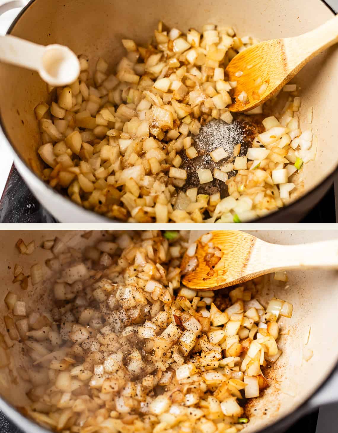 Two images show chopped onions being saut&eacute;ed in a pot. A wooden spoon stirs the onions, and seasonings like salt and pepper are being added. The onions begin to soften and brown as they cook.