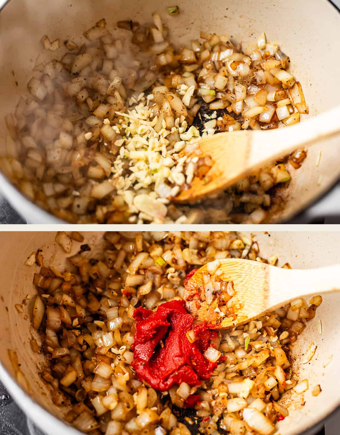 Two images: Top, diced onions saut&eacute;ing in a pot with chopped garlic being added, stirred with a wooden spoon. Bottom, the same pot with tomato paste added and mixed with the onions and garlic.
