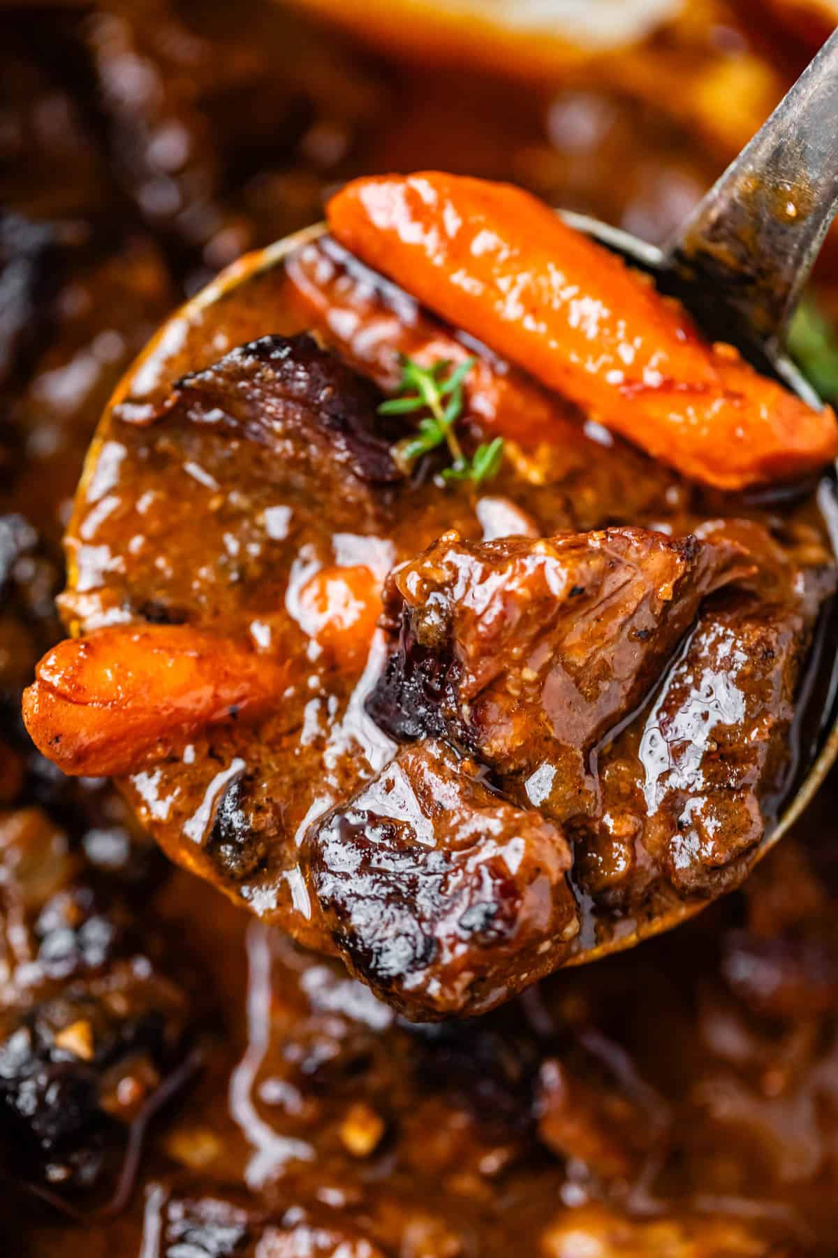 A close-up of a ladle holding hearty beef stew with chunks of tender beef, glazed carrots, and a rich, glossy brown sauce, garnished with a sprig of fresh thyme.