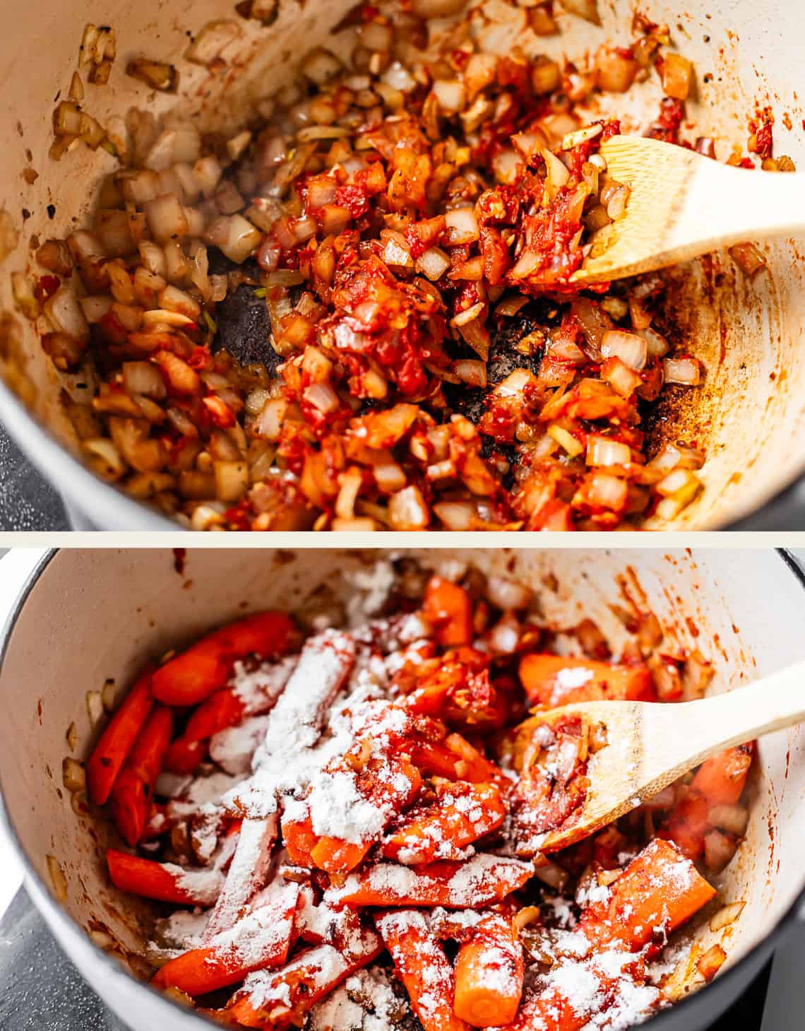 Two images of a pot: the top shows chopped onions and tomato paste being saut&eacute;ed with a wooden spoon; the bottom shows chopped carrots and flour added to the mixture, ready to be stirred.