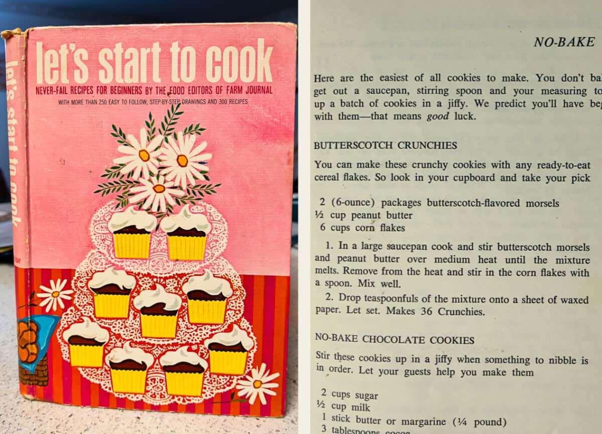 A vintage pink cookbook titled lets start to cook featuring cupcakes on a stand with flowers, next to a recipe page for no-bake cookies, including Butterscotch Crunchies and No-Bake Chocolate Cookies.