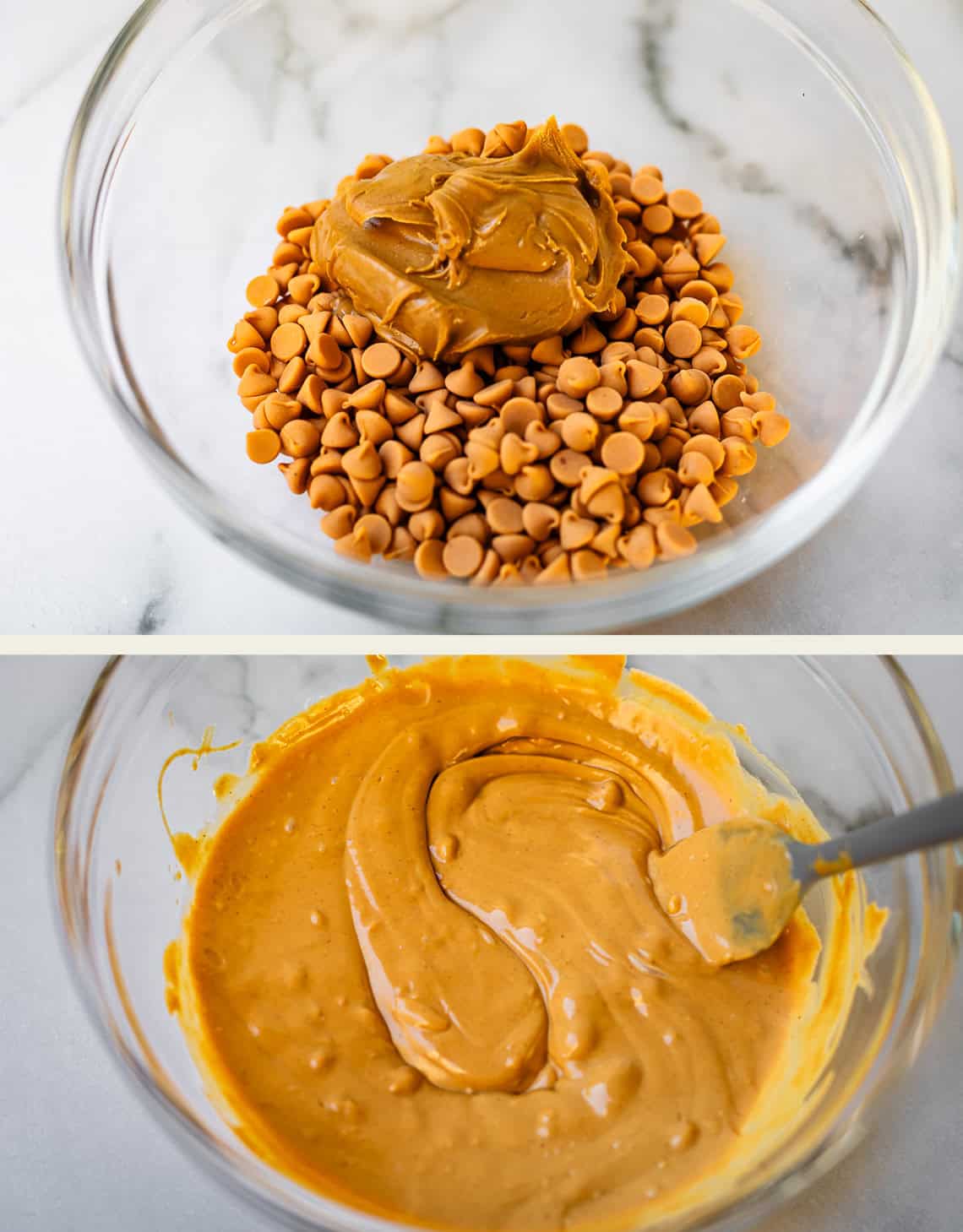 Two images: the top shows a glass bowl with peanut butter and butterscotch chips; the bottom shows the same bowl with the mixture melted and stirred together, forming a smooth, creamy texture.